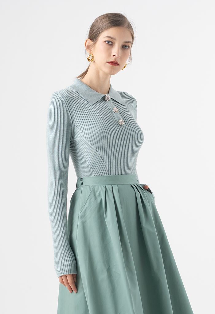 Brooch Button Collared Fitted Knit Top in Mint