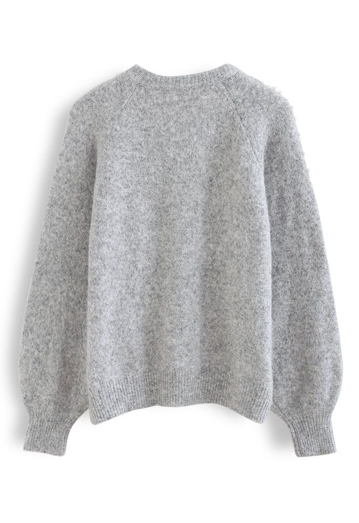 Pearly Shoulder Fuzzy Knit Sweater in Grey