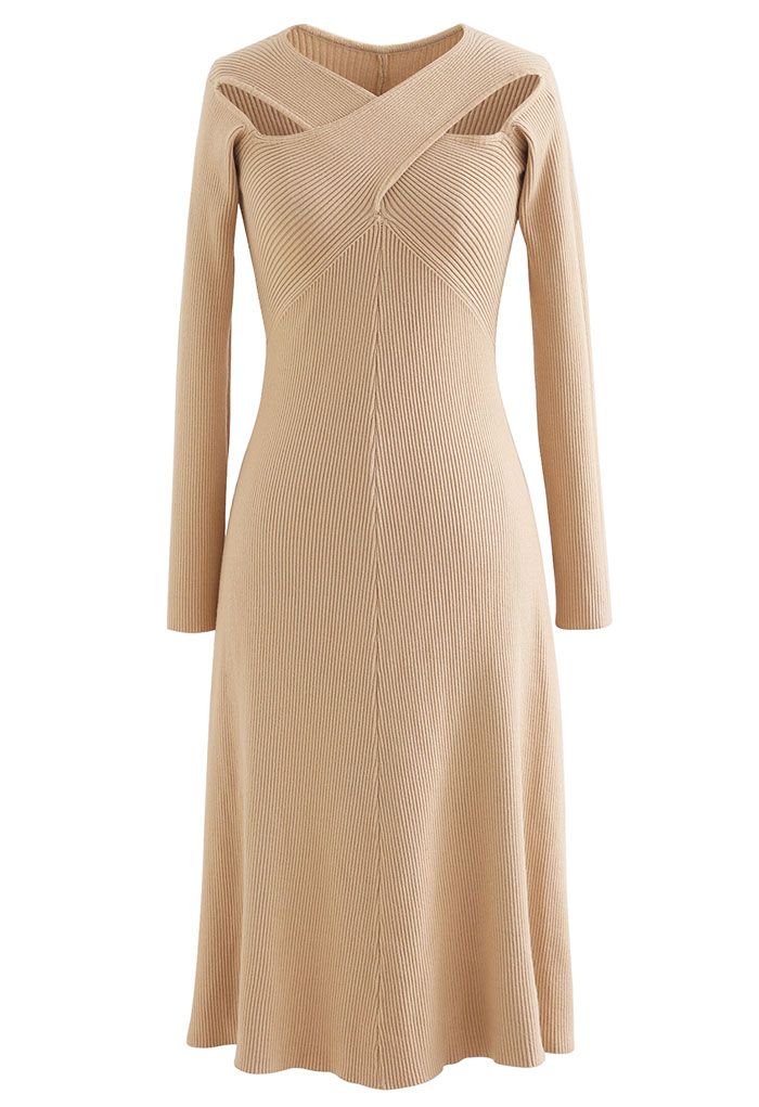 Cross Wrap Cutout Rib Knit Midi Dress in Light Tan