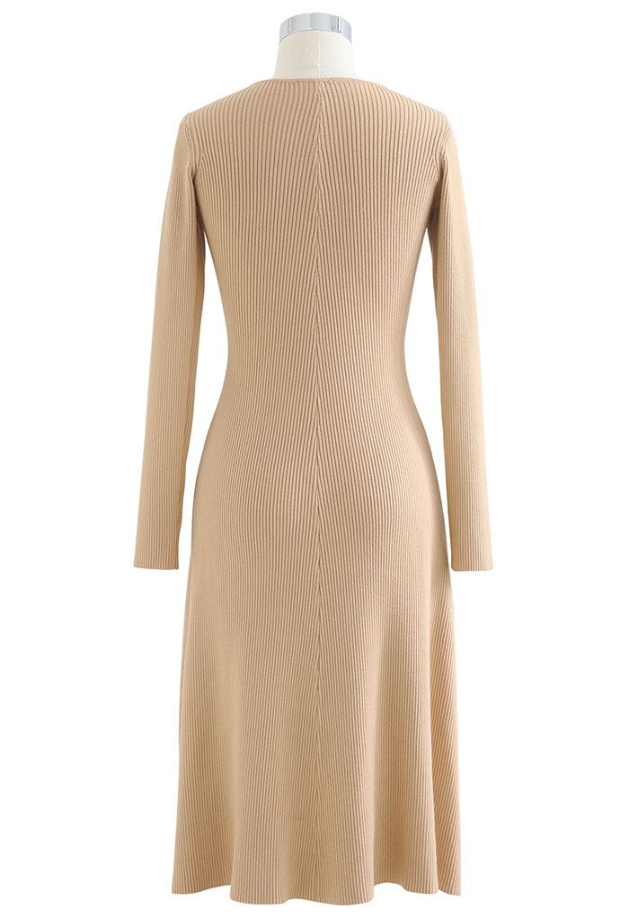 Cross Wrap Cutout Rib Knit Midi Dress in Light Tan