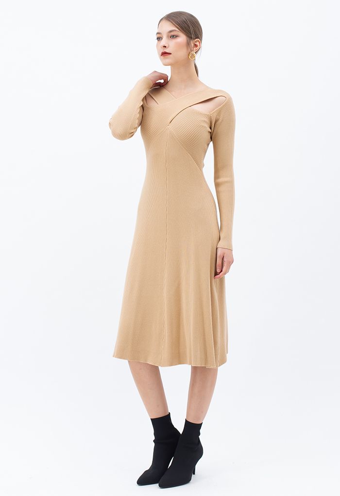 Cross Wrap Cutout Rib Knit Midi Dress in Light Tan