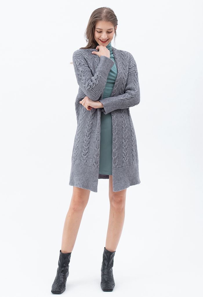 Cable Knit Open Front Longline Cardigan in Smoke