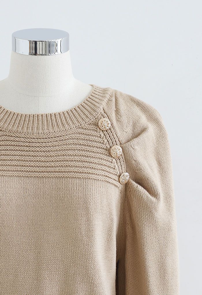 Button Embellished Bubble Sleeve Crop Knit Top in Camel