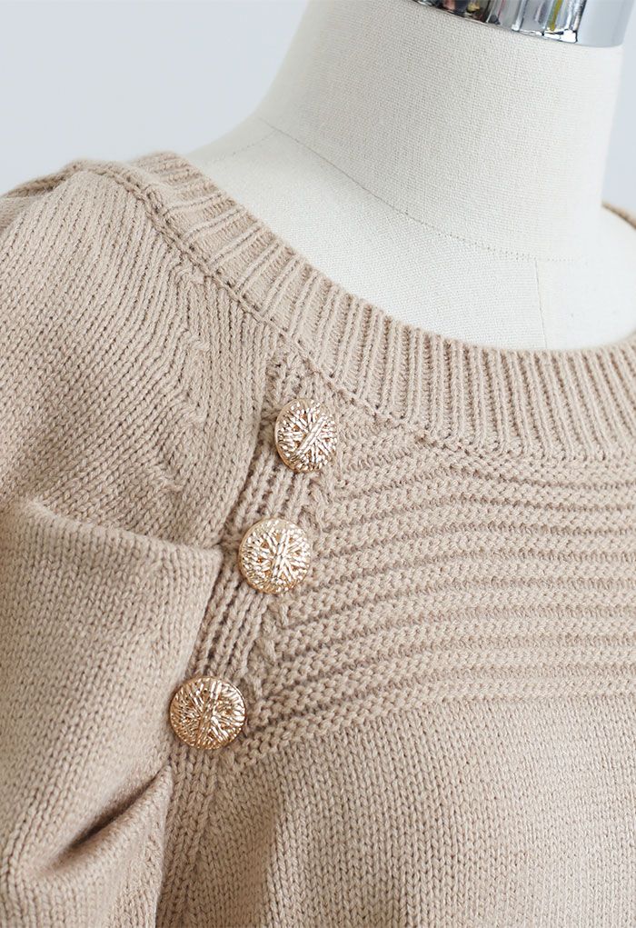 Button Embellished Bubble Sleeve Crop Knit Top in Camel