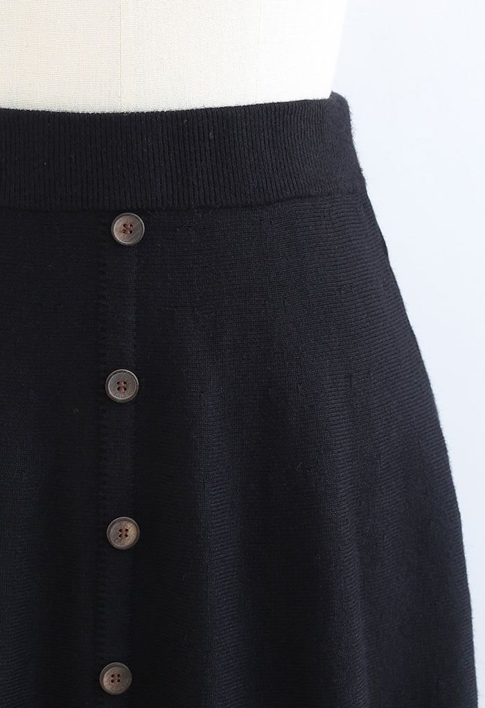 Frill Hem Button Decorated Knit Midi Skirt in Black