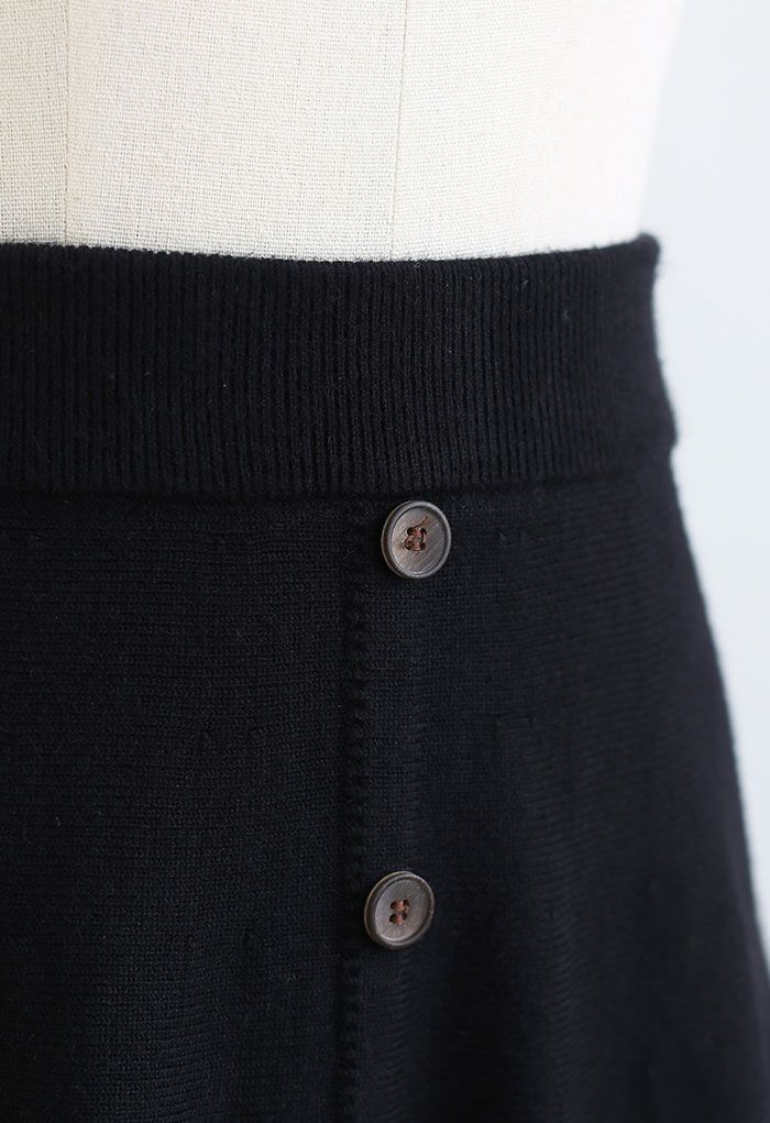Frill Hem Button Decorated Knit Midi Skirt in Black