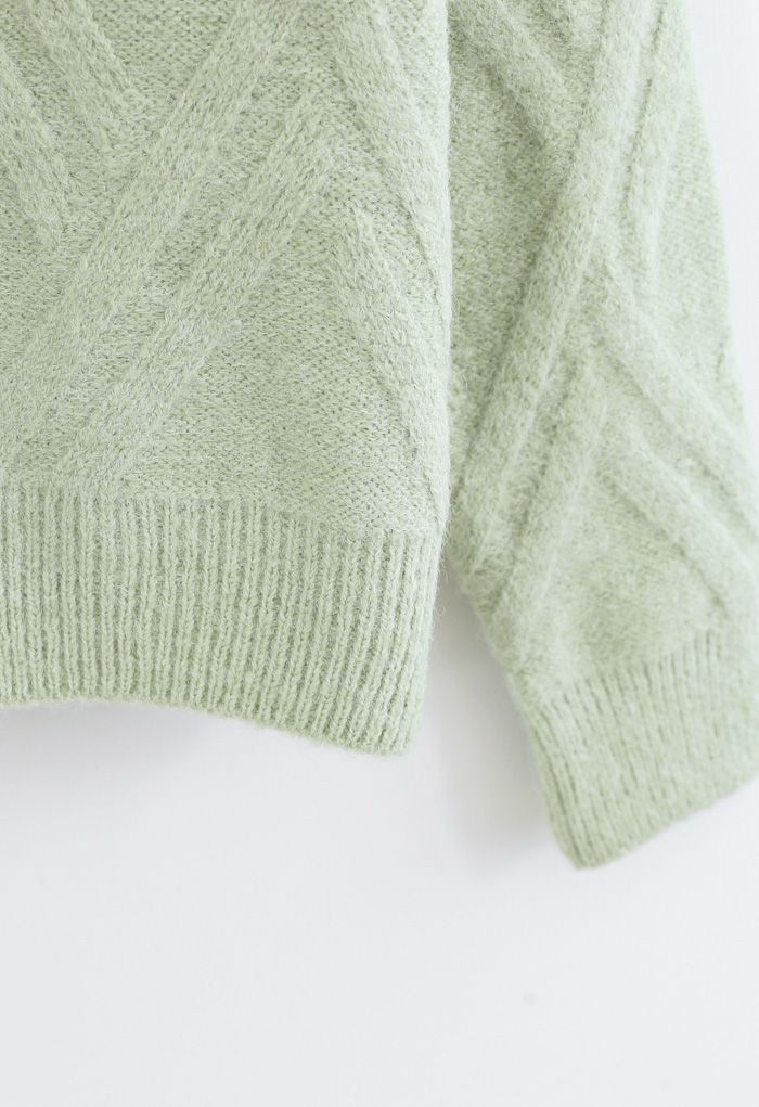 Crisscross Pattern Fuzzy Knit Sweater in Lime