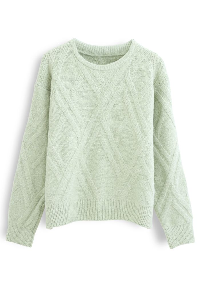 Crisscross Pattern Fuzzy Knit Sweater in Lime