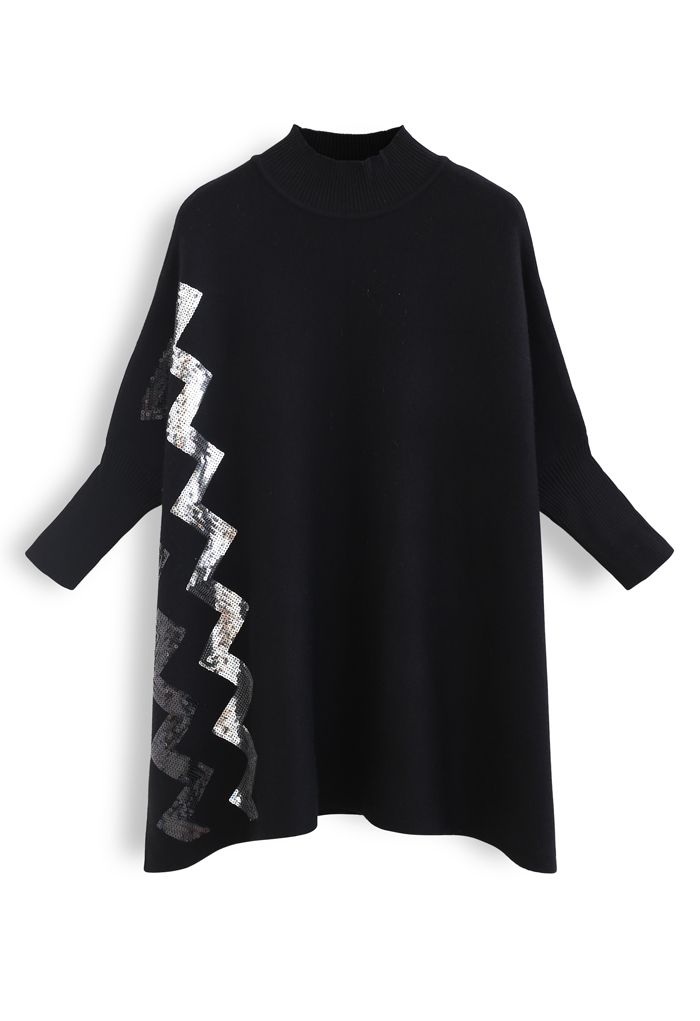 Zigzag Sequins Knit Cape Sweater in Black