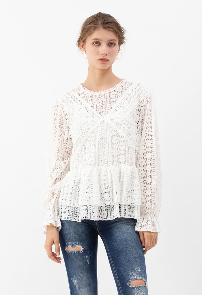 Crochet Lace Tiered Peplum Top in White