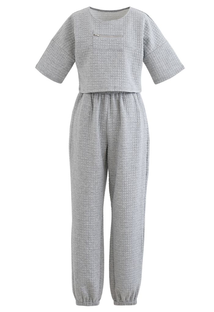 Quilted Zipper Crop Top and Joggers Set in Grey