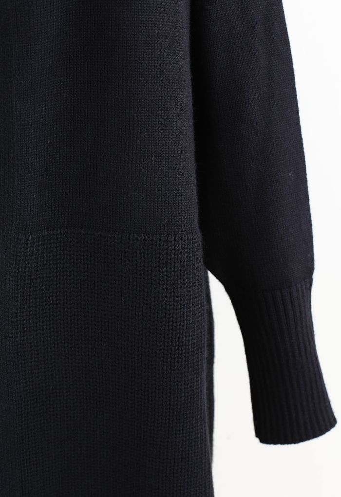 Wide Lapel Batwing Sleeves Longline Knit Cardigan in Black