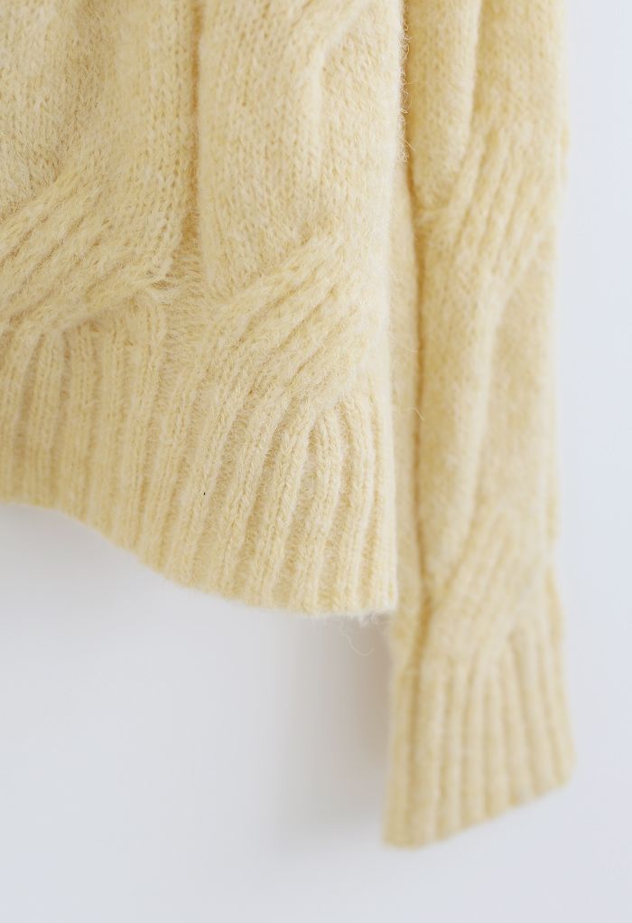 Fuzzy Crew Neck Cable Knit Sweater in Yellow