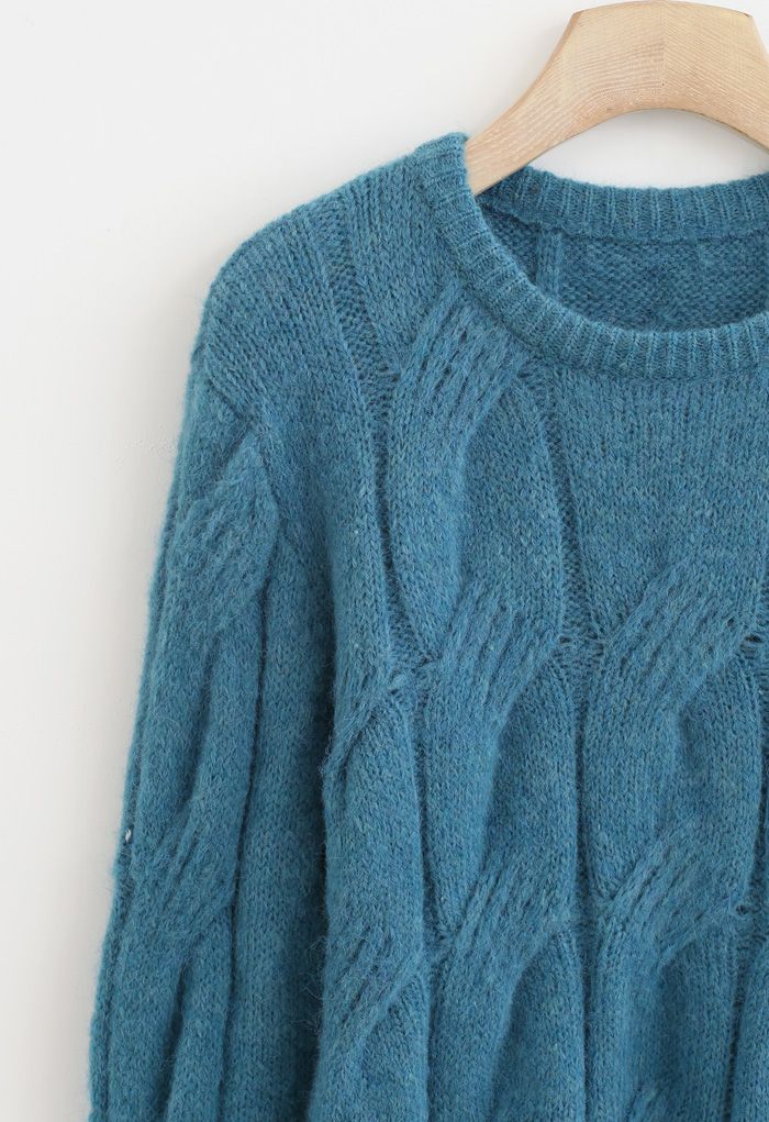 Fuzzy Crew Neck Cable Knit Sweater in Teal