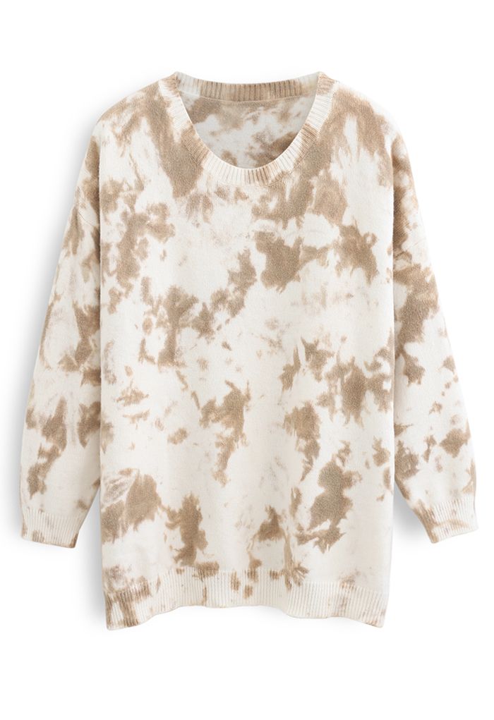 Tie-Dye Ribbed Knit Loose Fit Sweater in Tan