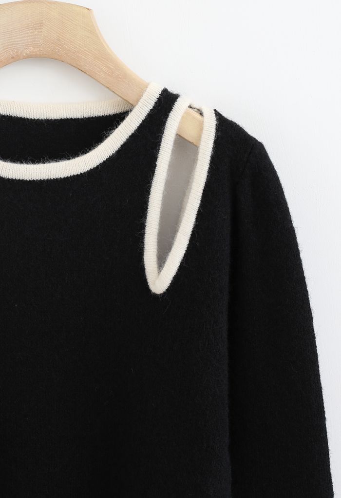 Contrast Color Cut Out Shoulder Knit Sweater in Black