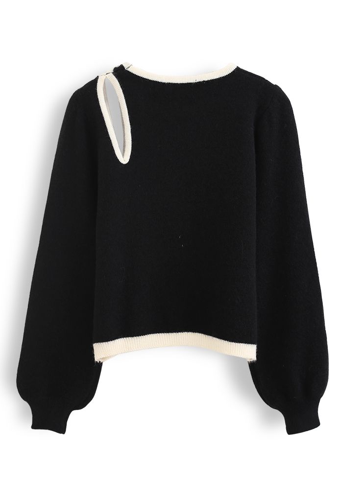Contrast Color Cut Out Shoulder Knit Sweater in Black