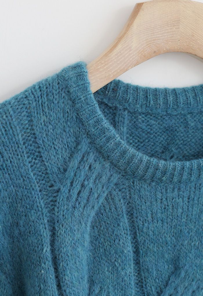 Fuzzy Crew Neck Cable Knit Sweater in Teal