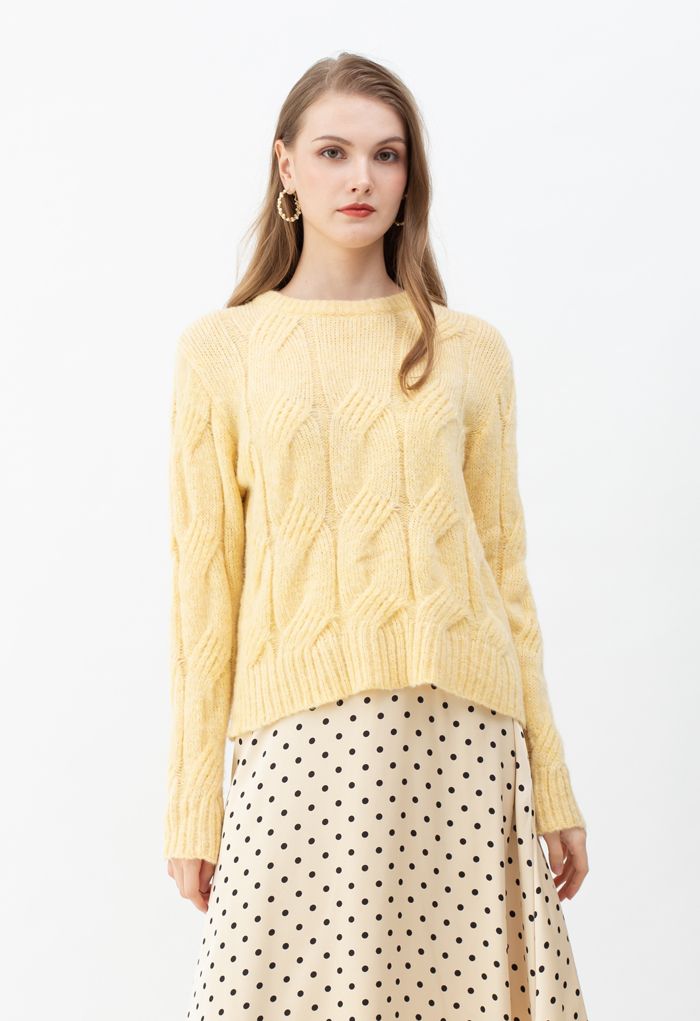 Fuzzy Crew Neck Cable Knit Sweater in Yellow