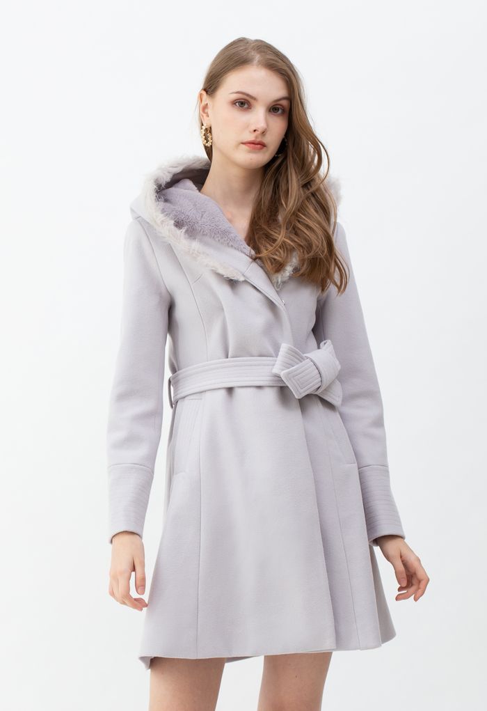 Faux Fur Hooded Wool-Blend Flare Coat in Lavender