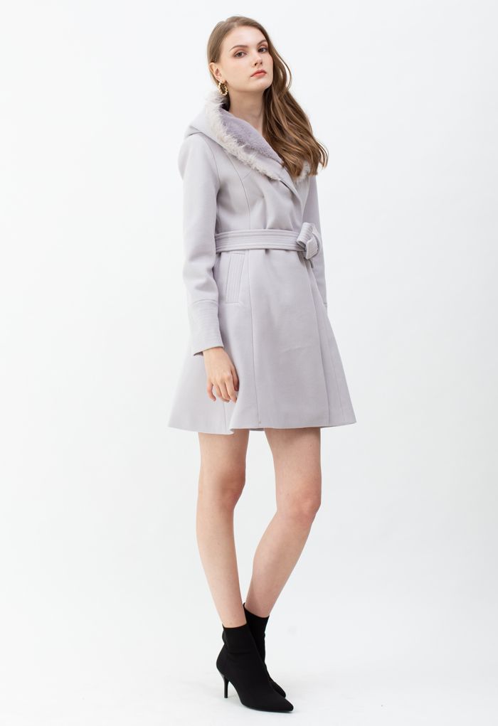 Faux Fur Hooded Wool-Blend Flare Coat in Lavender