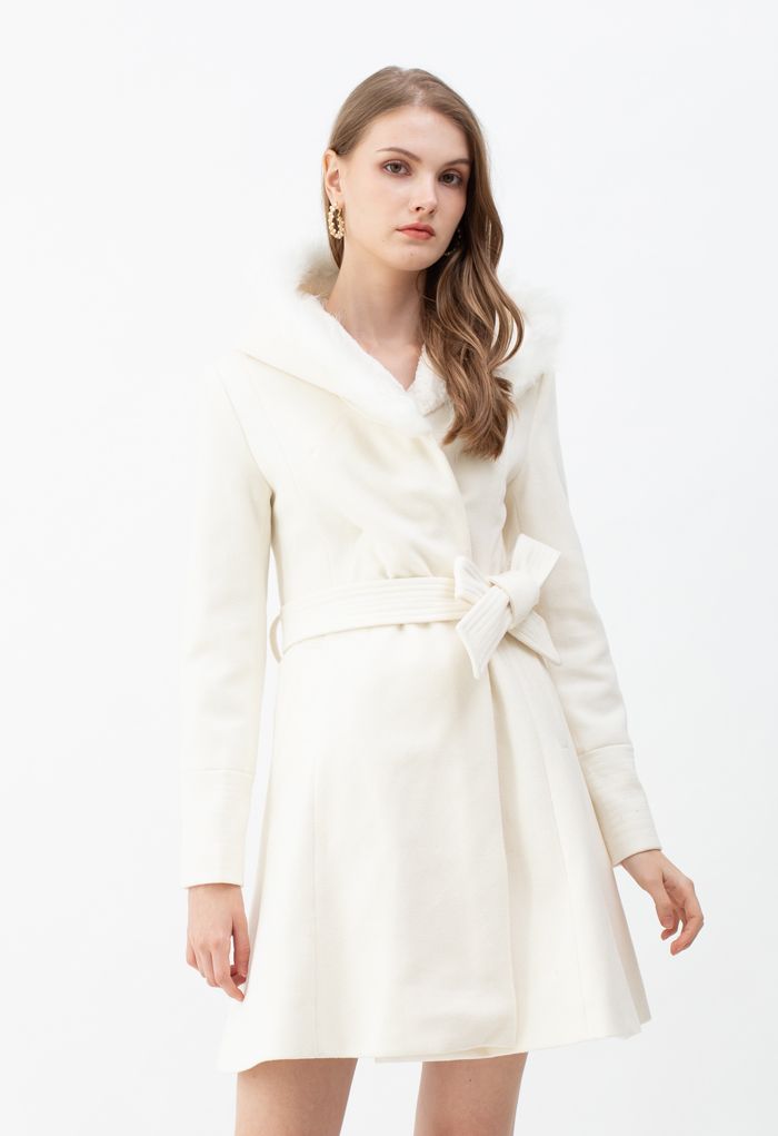 Faux Fur Hooded Wool-Blend Flare Coat in White