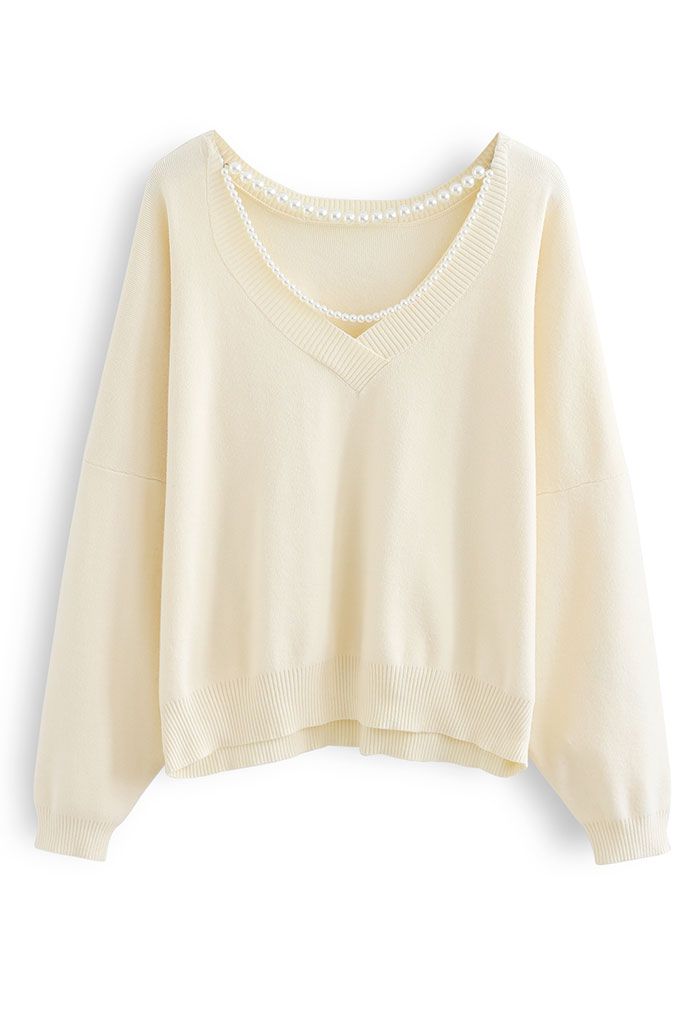 Pearl Chain Back V-Neck Oversized Knit Sweater in Cream