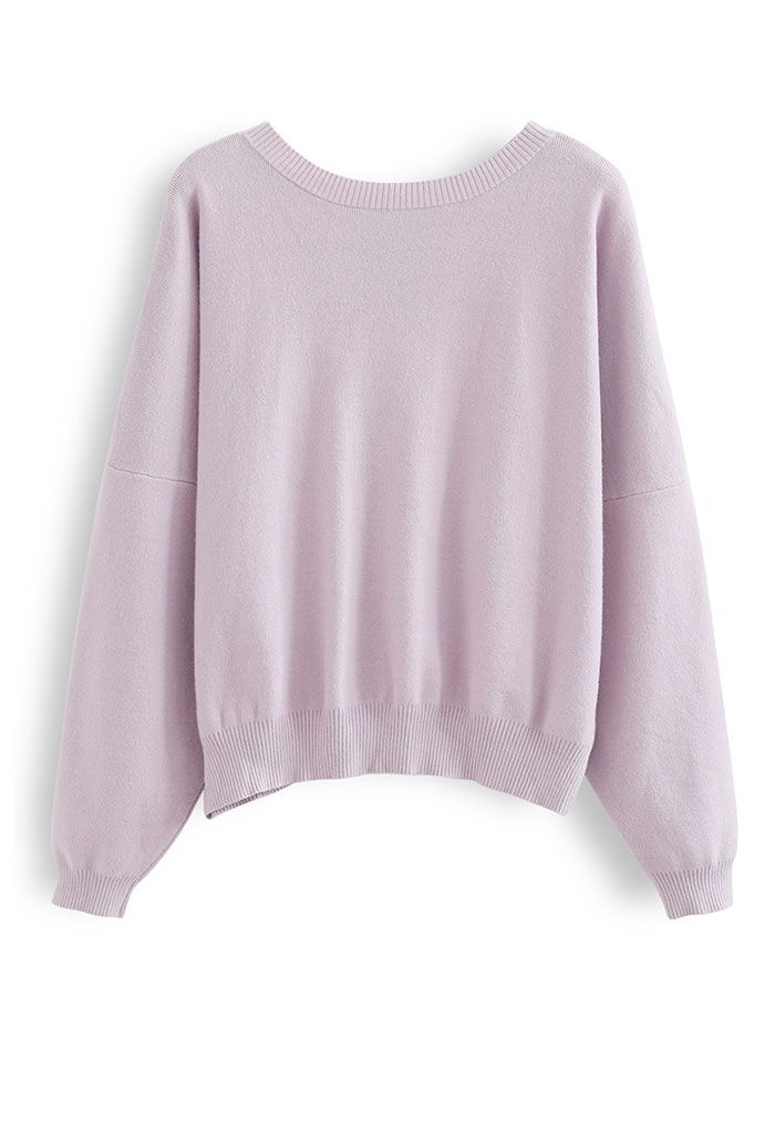 Pearl Chain Back V-Neck Oversized Knit Sweater in Lilac