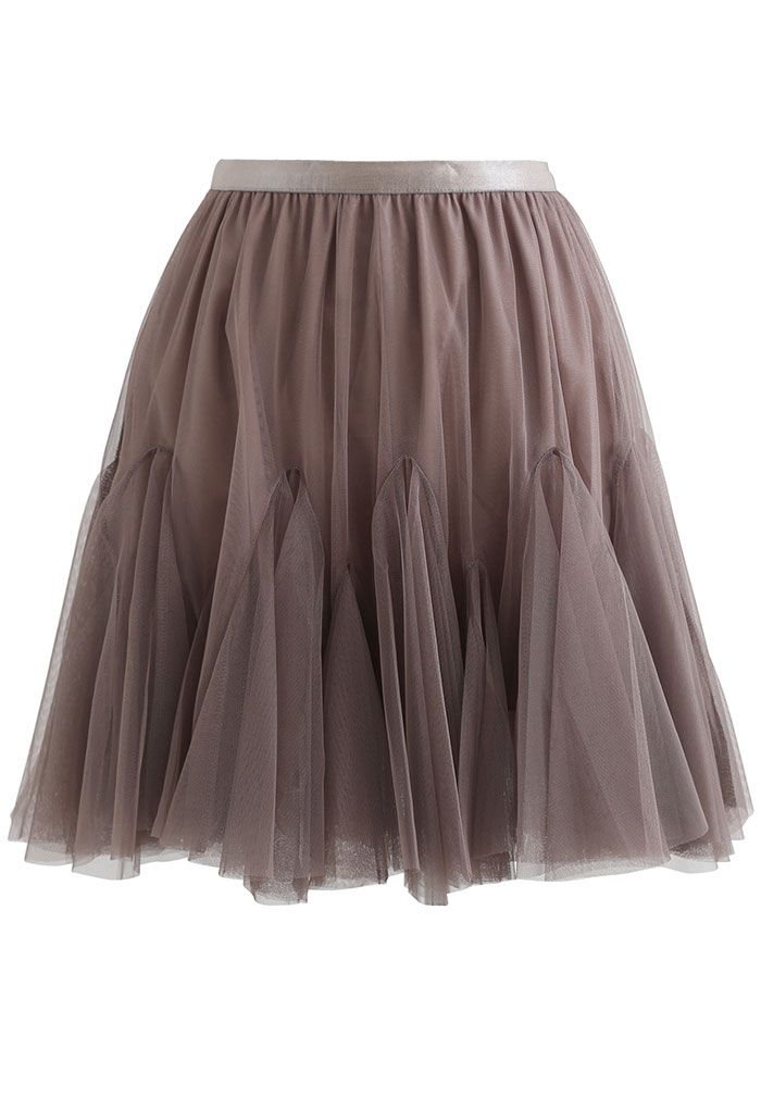 Ruffle Hem Mesh Tulle Mini Skirt in Brown