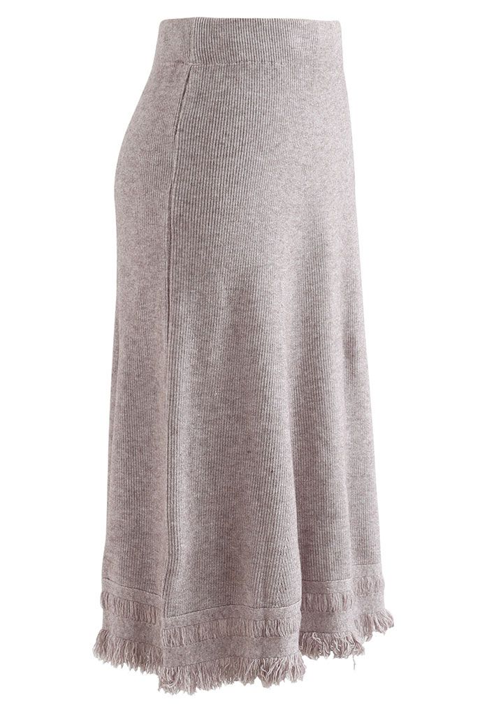 Fringed Hem A-Line Midi Knit Skirt in Taupe