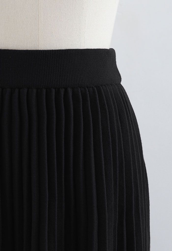 Spliced Chiffon Hem Knit Midi Skirt in Black