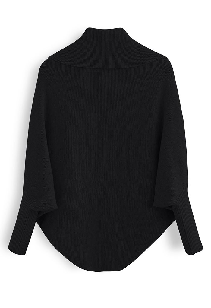 Open Front Batwing Sleeve Knit Cape in Black