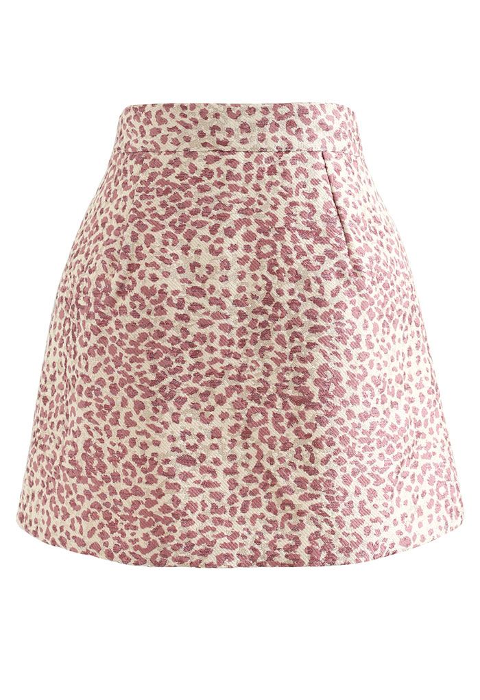 Shimmer Leopard Asymmetric Mini Skirt in Pink