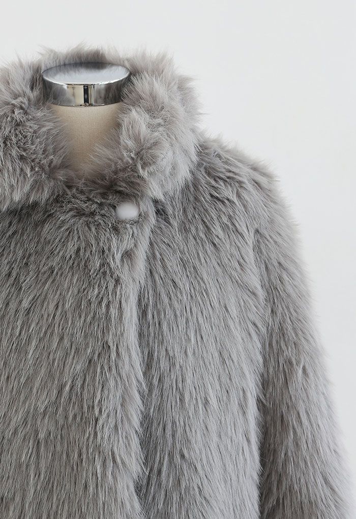Fluffy Faux Fur Collared Crop Coat in Smoke