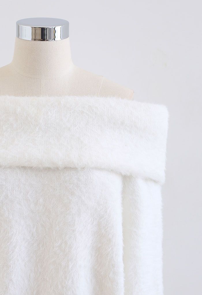 Soft Touch Off-Shoulder Fuzzy Knit Sweater in White
