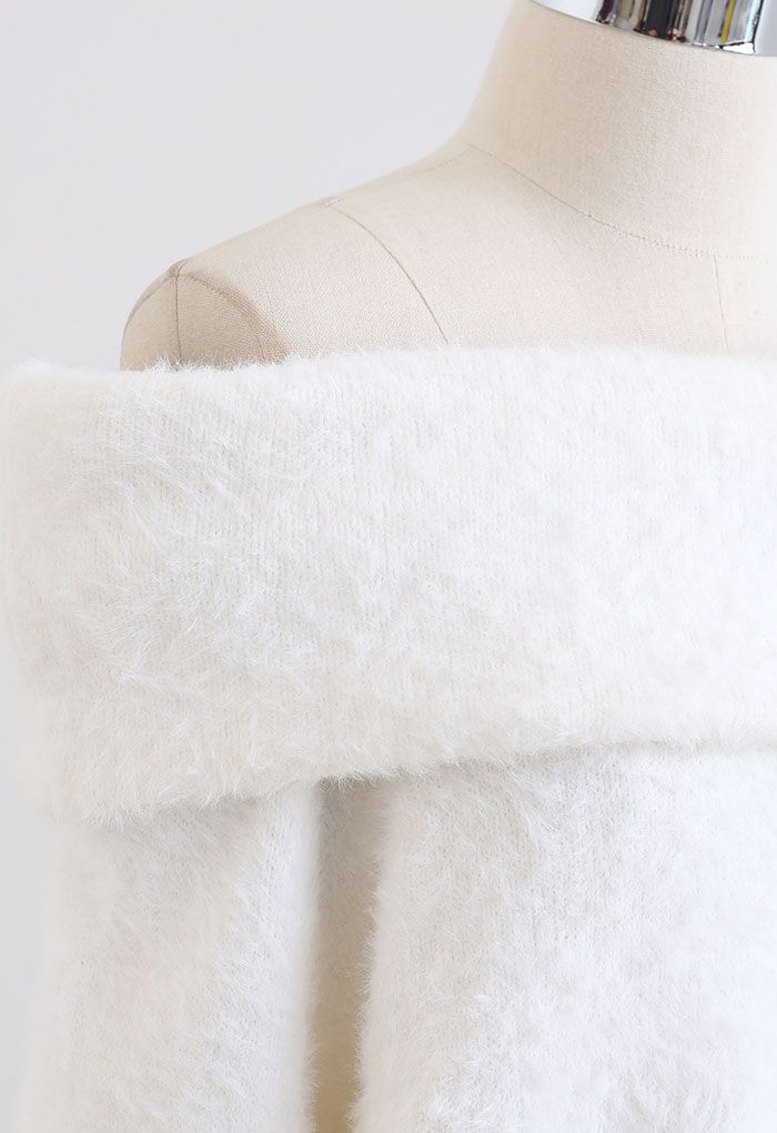 Soft Touch Off-Shoulder Fuzzy Knit Sweater in White