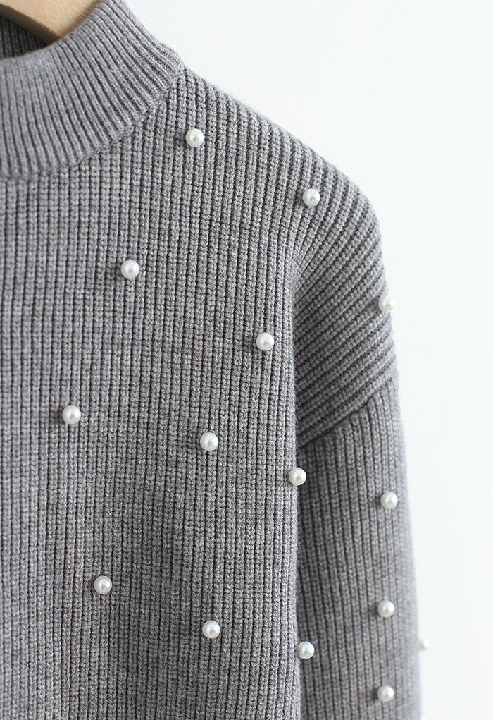 Mock Neck Pearl Embellish Knit Top in Grey