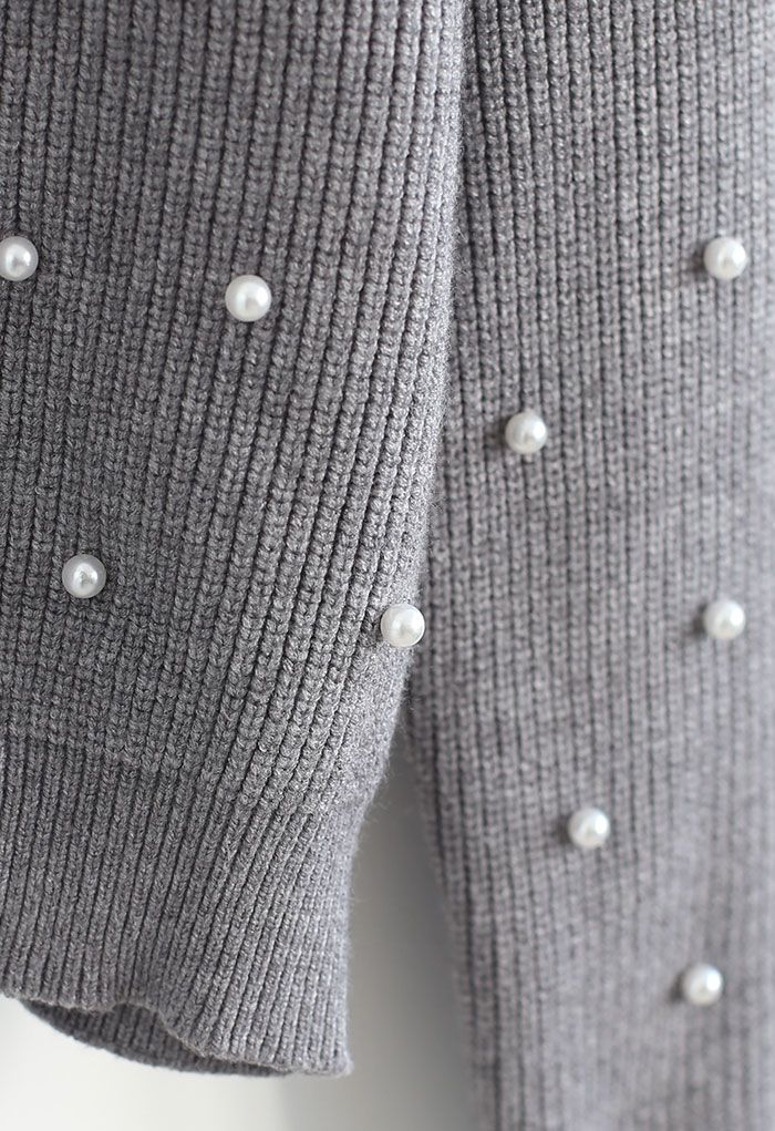 Mock Neck Pearl Embellish Knit Top in Grey