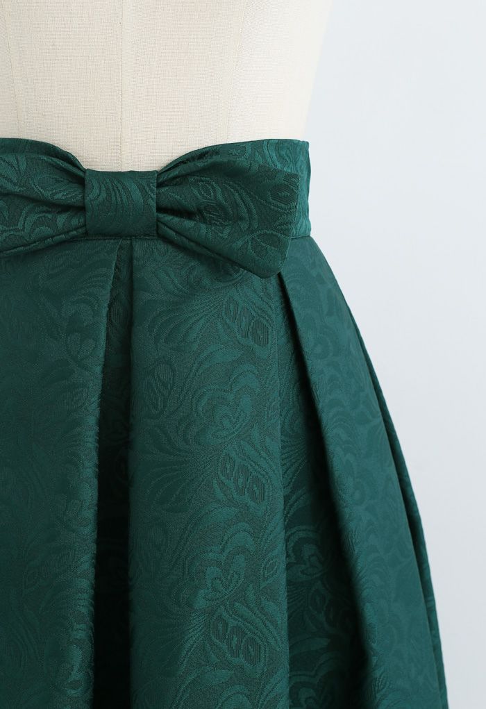Bowknot Pleated Jacquard Midi Skirt in Emerald