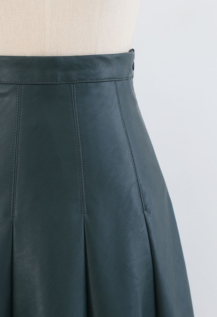 Faux Leather Seam Detail Pleated Skirt in Dark Green