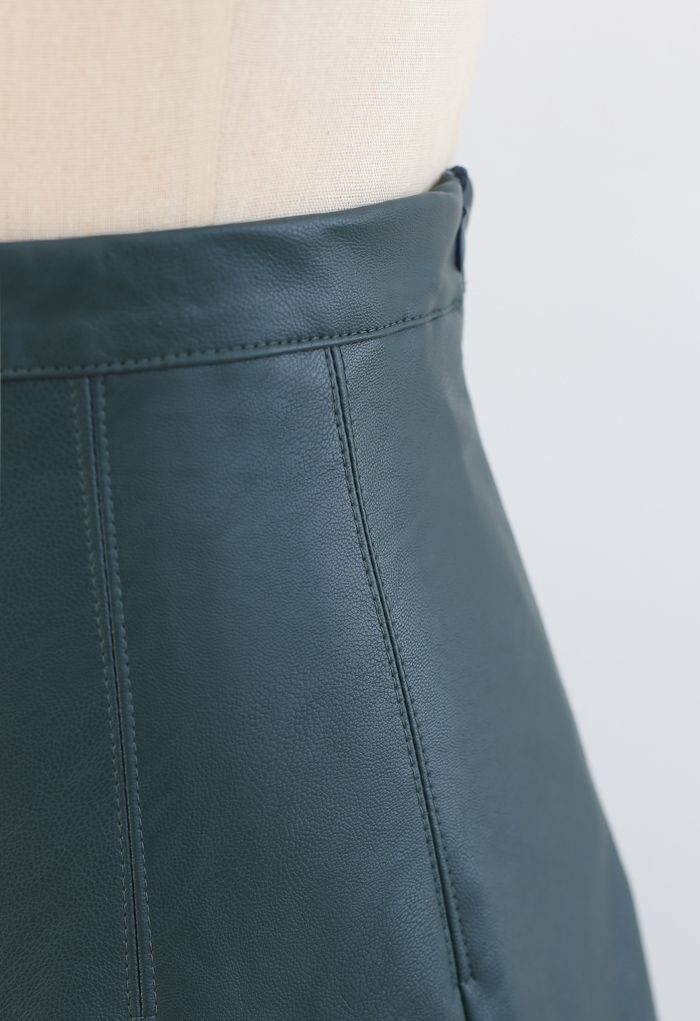 Faux Leather Seam Detail Pleated Skirt in Dark Green
