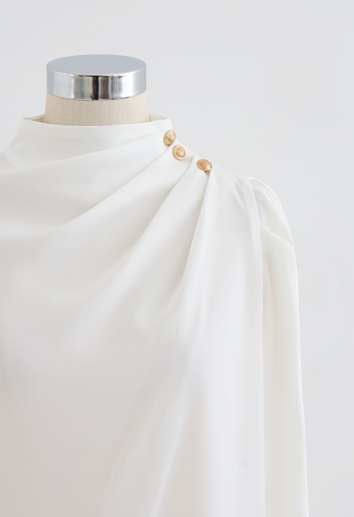 Buttoned Ruched Neck Satin Top in White