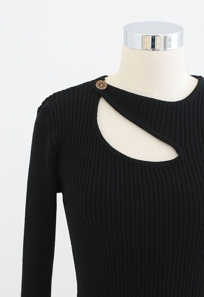 Buttoned Neck Cutout Rib Knit Top in Black