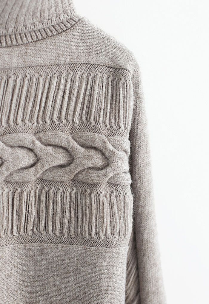 Fringed Detailing Turtleneck Knit Sweater in Linen