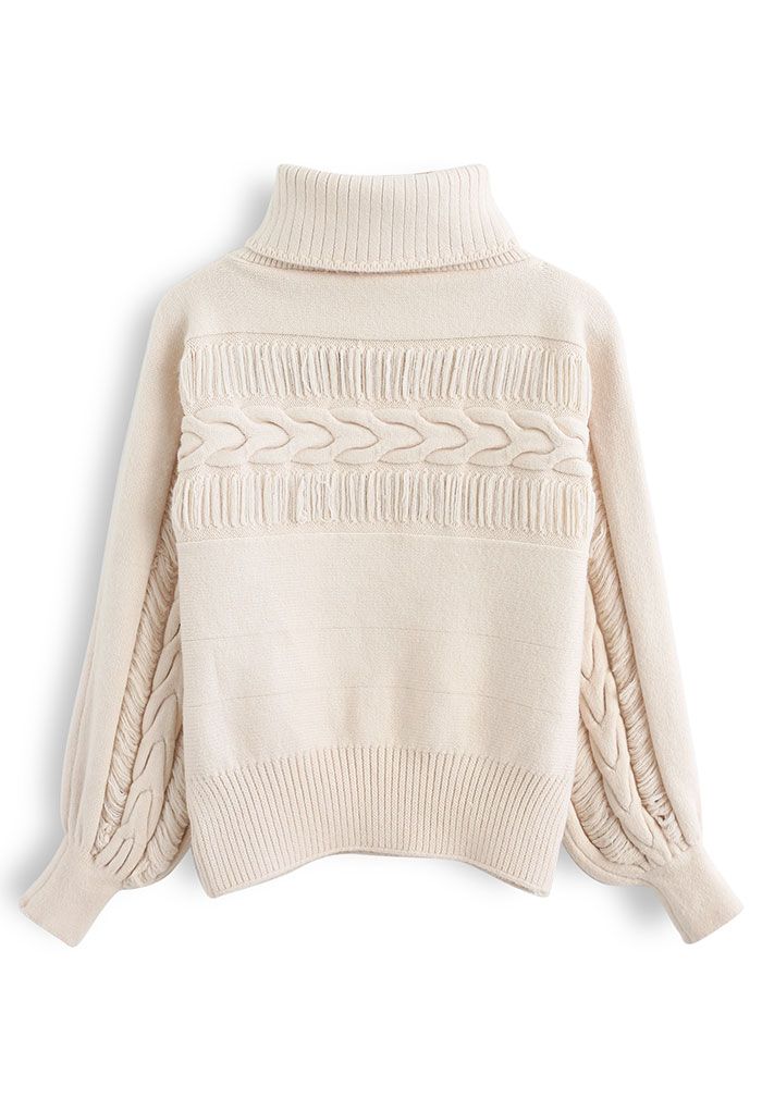 Fringed Detailing Turtleneck Knit Sweater in Cream