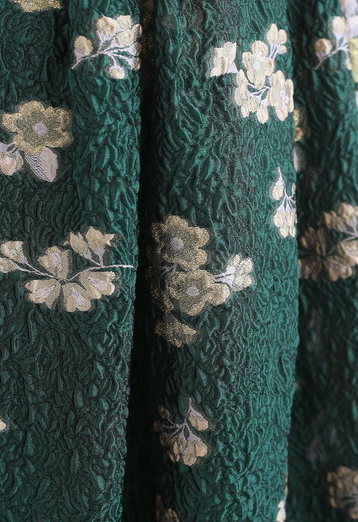 Floral Embossed Jacquard Midi Skirt in Green