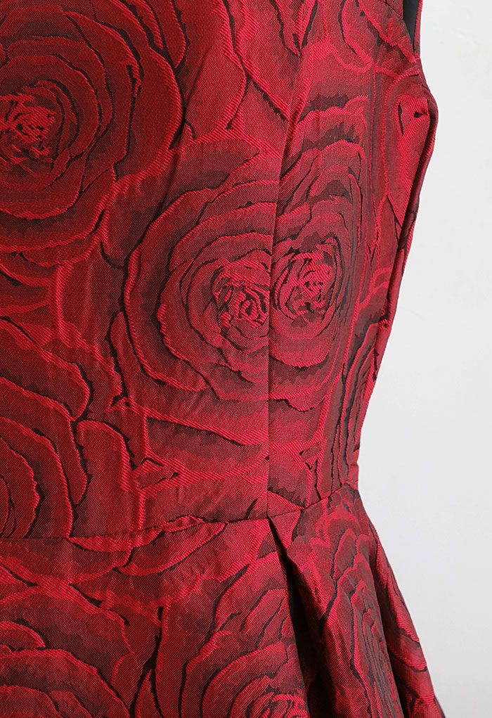 Rose Field Embossed Sleeveless Flare Dress in Burgundy