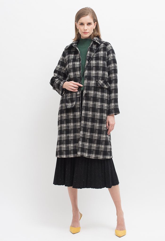 Plaid Wool-Blend Longline Coat with Crossbody Phone Case in Black