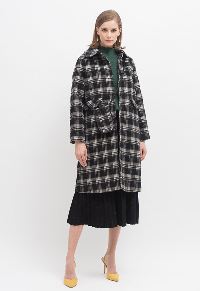 Plaid Wool-Blend Longline Coat with Crossbody Phone Case in Black
