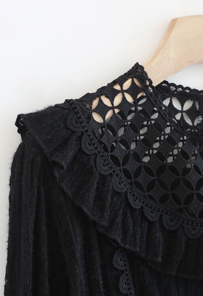 Fuzzy Lacy Crochet Neck Peplum Top in Black